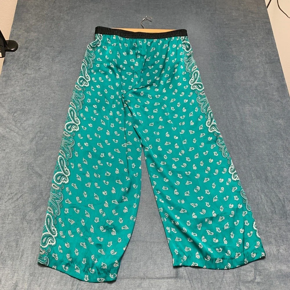 Michael Kors Wide Leg Pants Womens 14 Teal Paisley Drawstring Elastic Waist